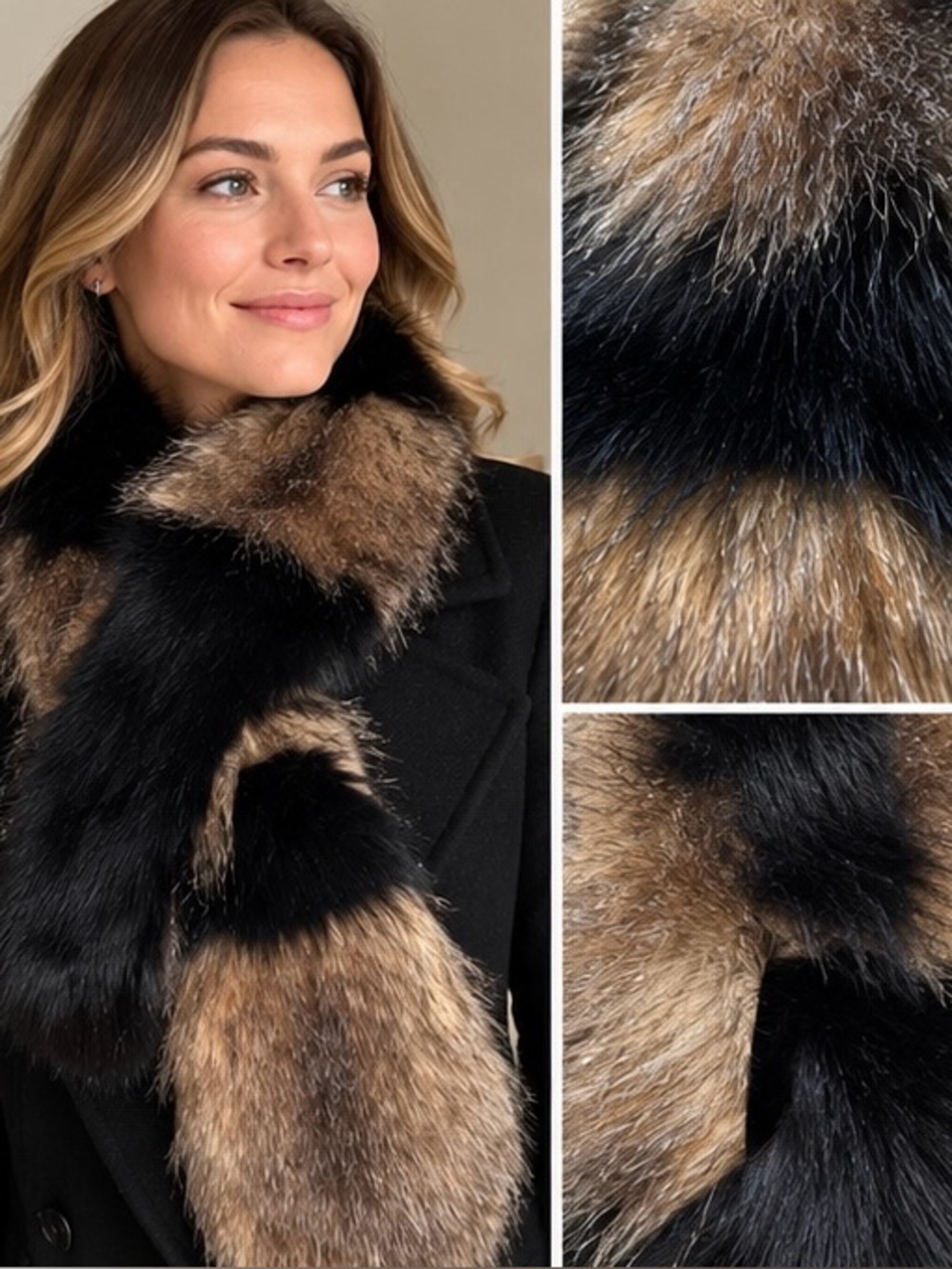 Faux Fur Scarf Stole Black Brown Colorblock Keyhole Pull Through Luxury 50”